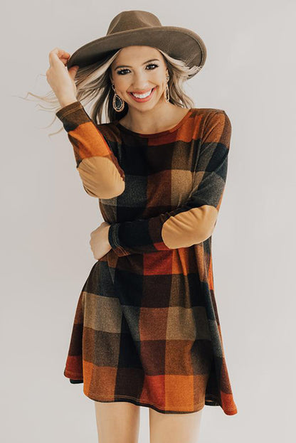 Brown Plaid Round Neck Long Sleeve Mini Dress