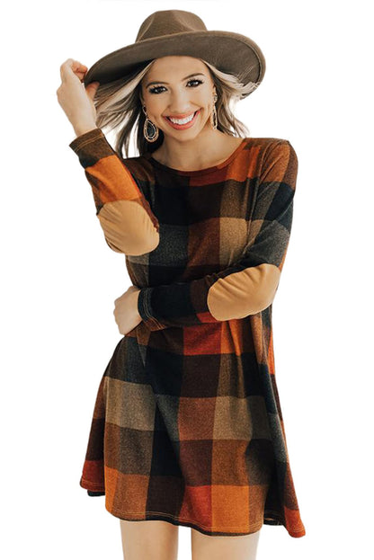 Brown Plaid Round Neck Long Sleeve Mini Dress