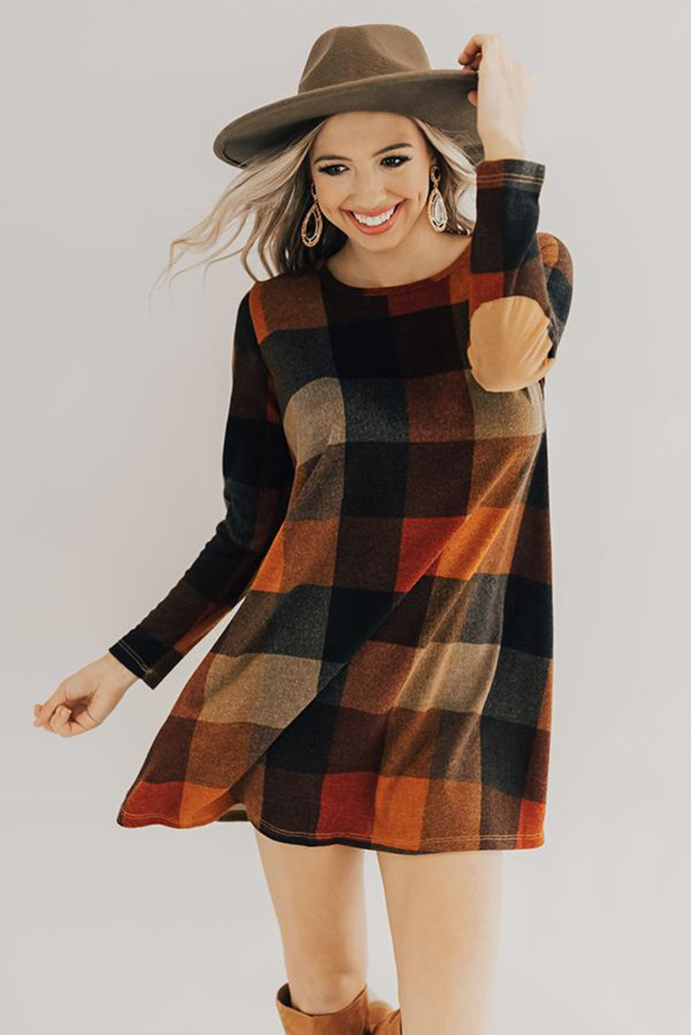 Brown Plaid Round Neck Long Sleeve Mini Dress