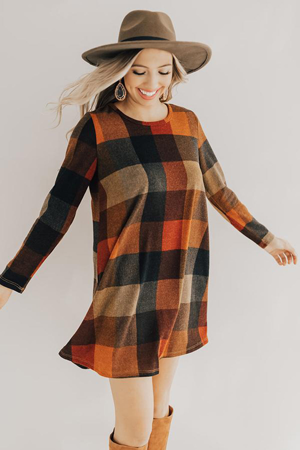 Brown Plaid Round Neck Long Sleeve Mini Dress