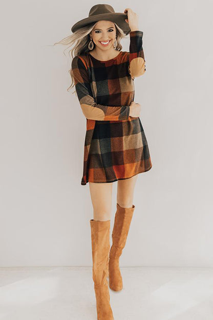 Brown Plaid Round Neck Long Sleeve Mini Dress