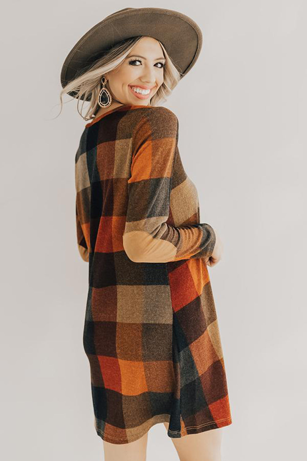 Brown Plaid Round Neck Long Sleeve Mini Dress