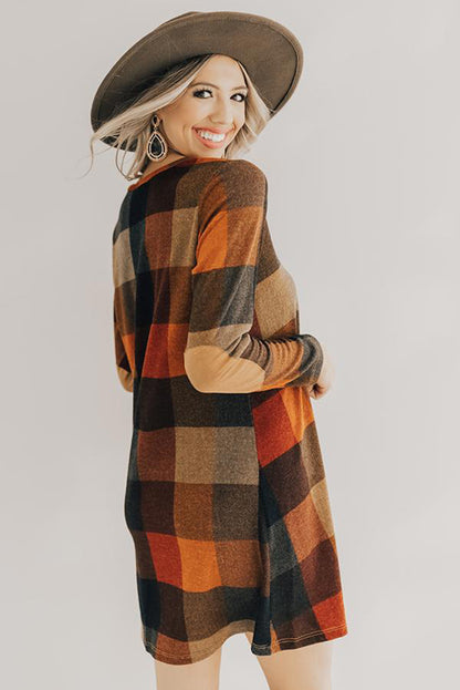 Brown Plaid Round Neck Long Sleeve Mini Dress